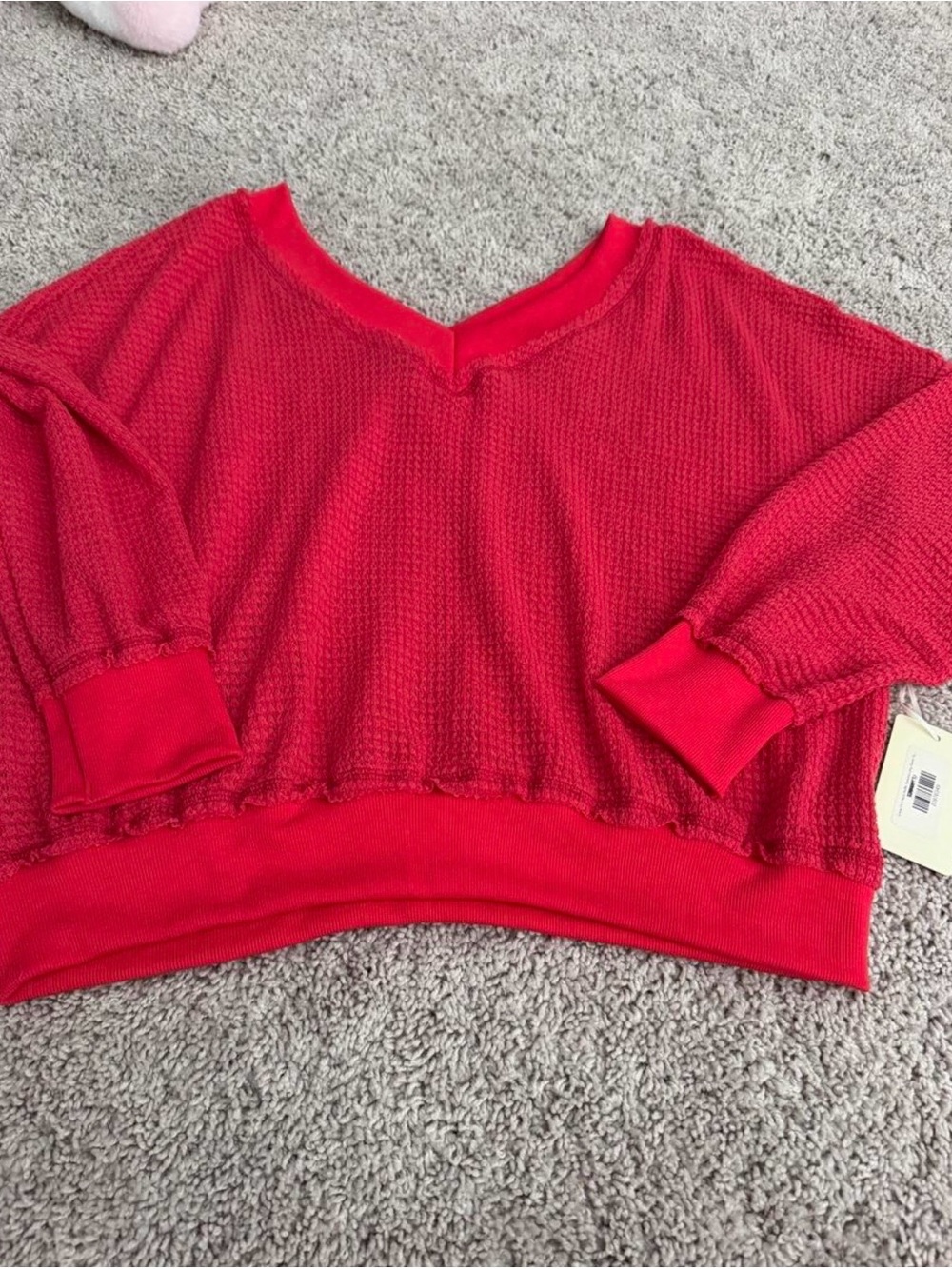 Red V-Neck Cozy Waffle Knit Women's Sweater